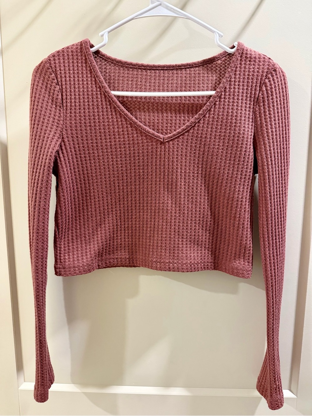 Waffle Knit V-Neck Long Sleeve Top - Dusty Rose